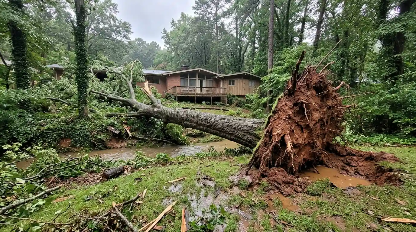 Uprooted tulip poplar on a creek bank behind a ranch home