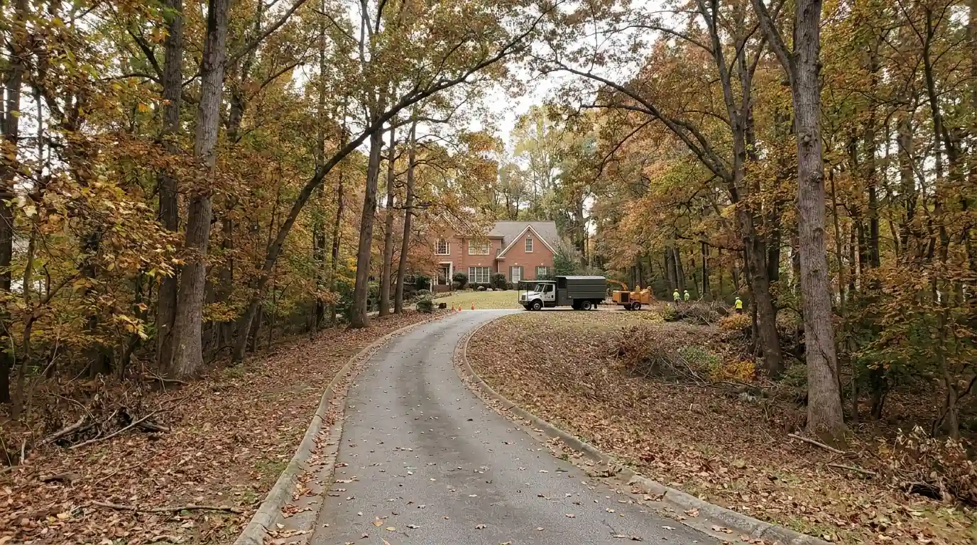 Wooded East Cobb lot with a long sloping driveway