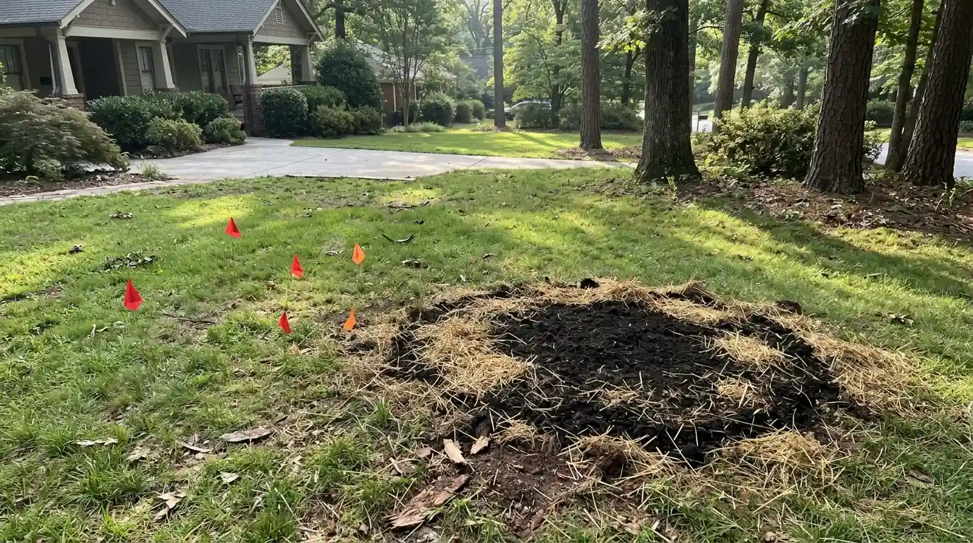 Ground stump spot filled with topsoil and seed beside utility flags