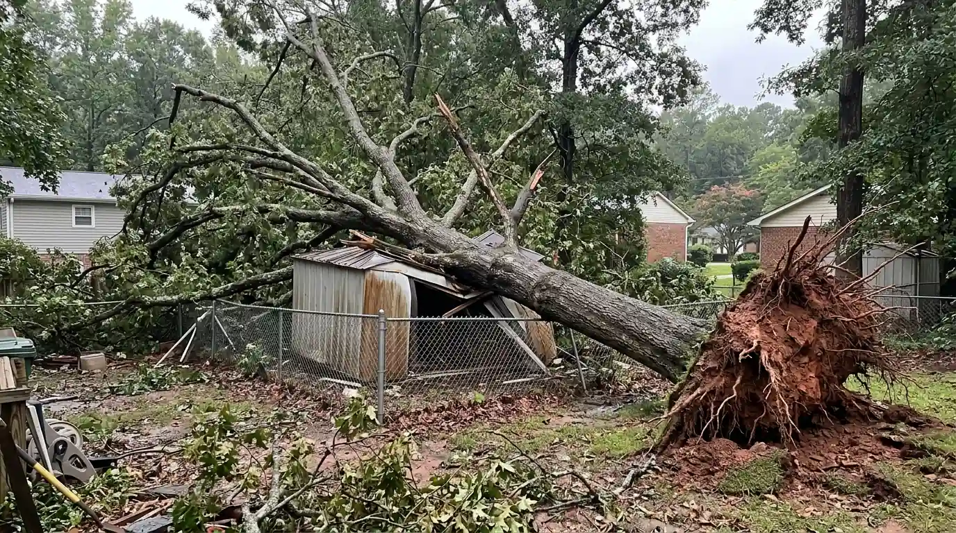 Neighbor oak fallen across a fence and a backyard shed