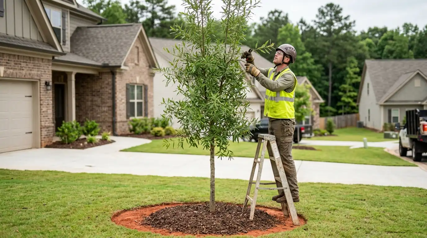 Arborist pruning a competing leader on a young willow oak