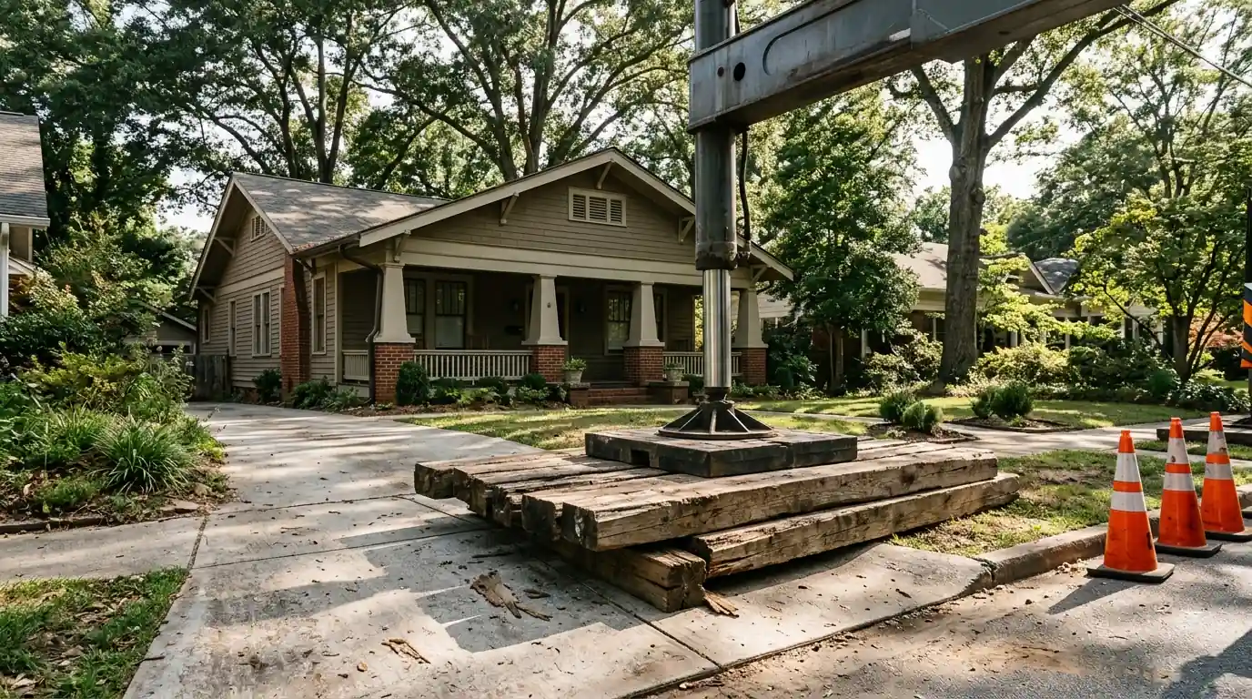 Crane outriggers on timber mats across a residential driveway