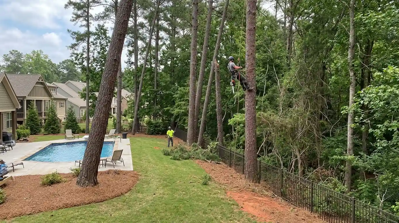Climber trimming tall pines over a Woodstock backyard pool