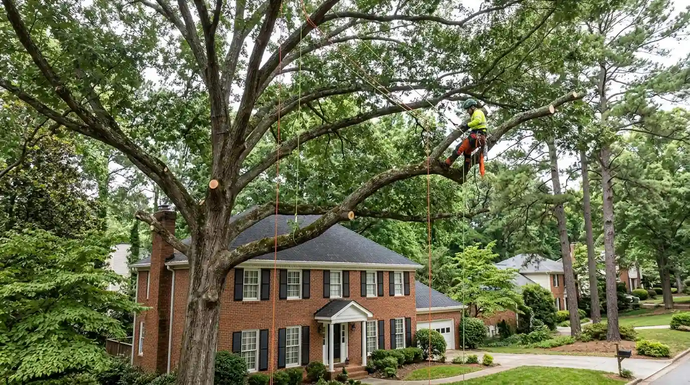 Climber shortening outer limbs of a red oak over a house