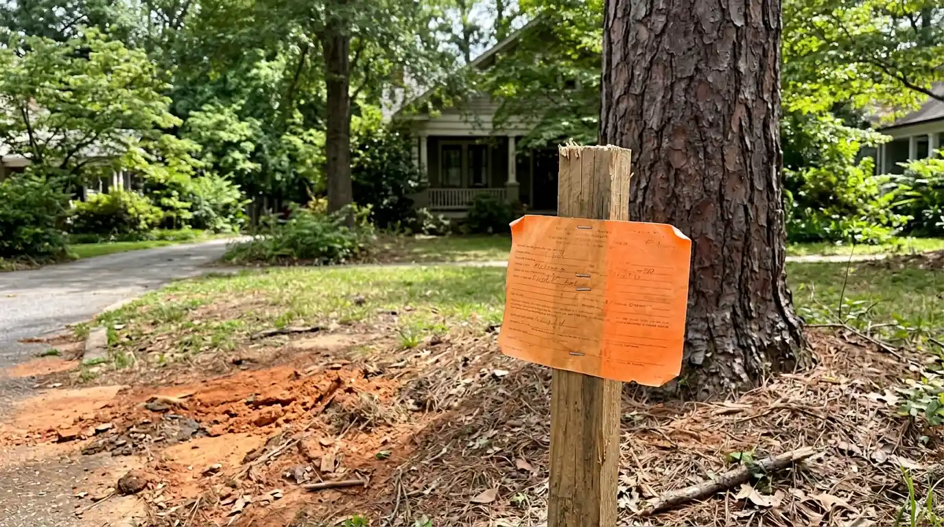 Permit card posted on a stake beside a tall pine
