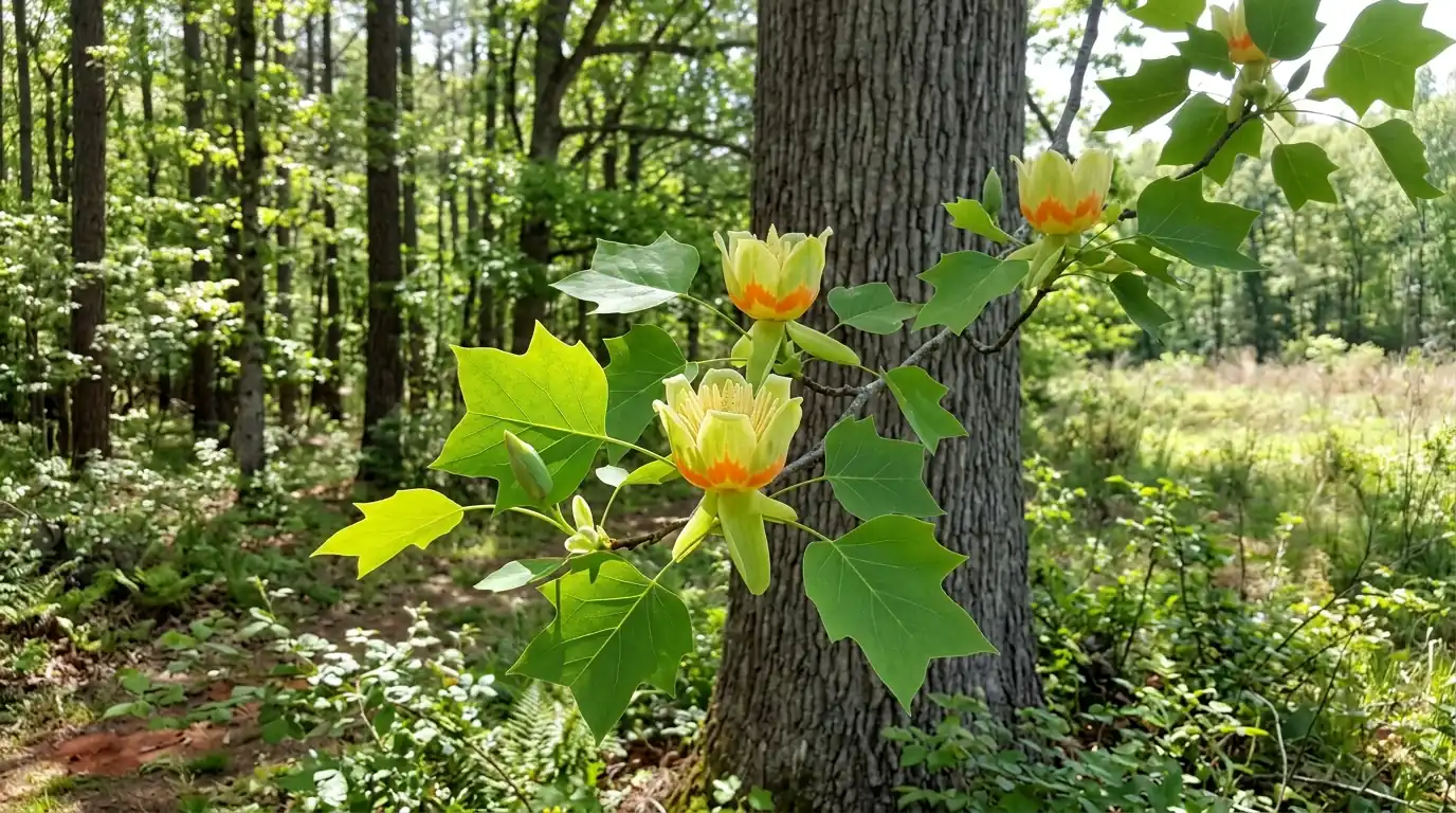 Tulip poplar flowers and leaves