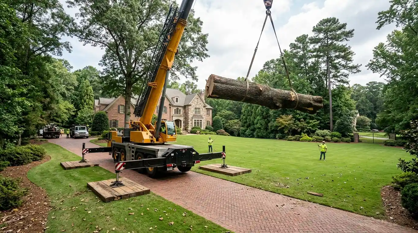 Crane lifting a tulip poplar section over an estate lawn