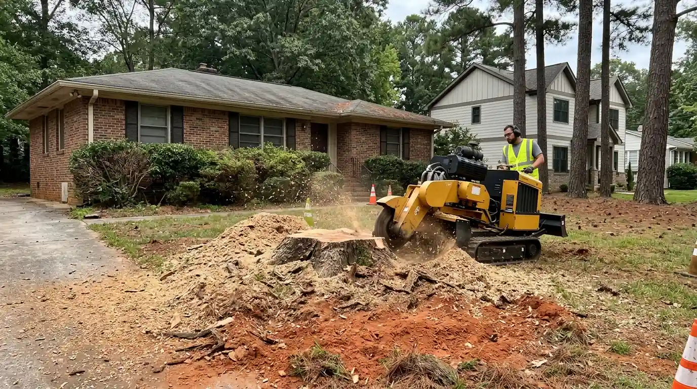 Grinding an oak stump in front of a Mableton ranch home