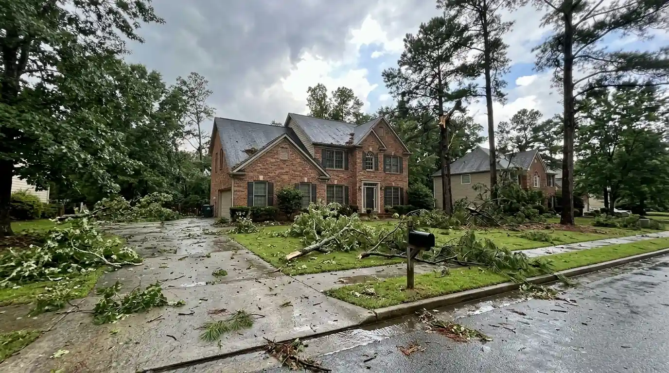 Broken oak and pine limbs covering a front yard