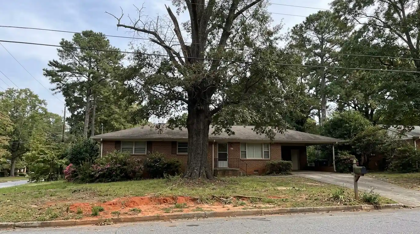 Aging water oak with dead upper limbs over a brick ranch