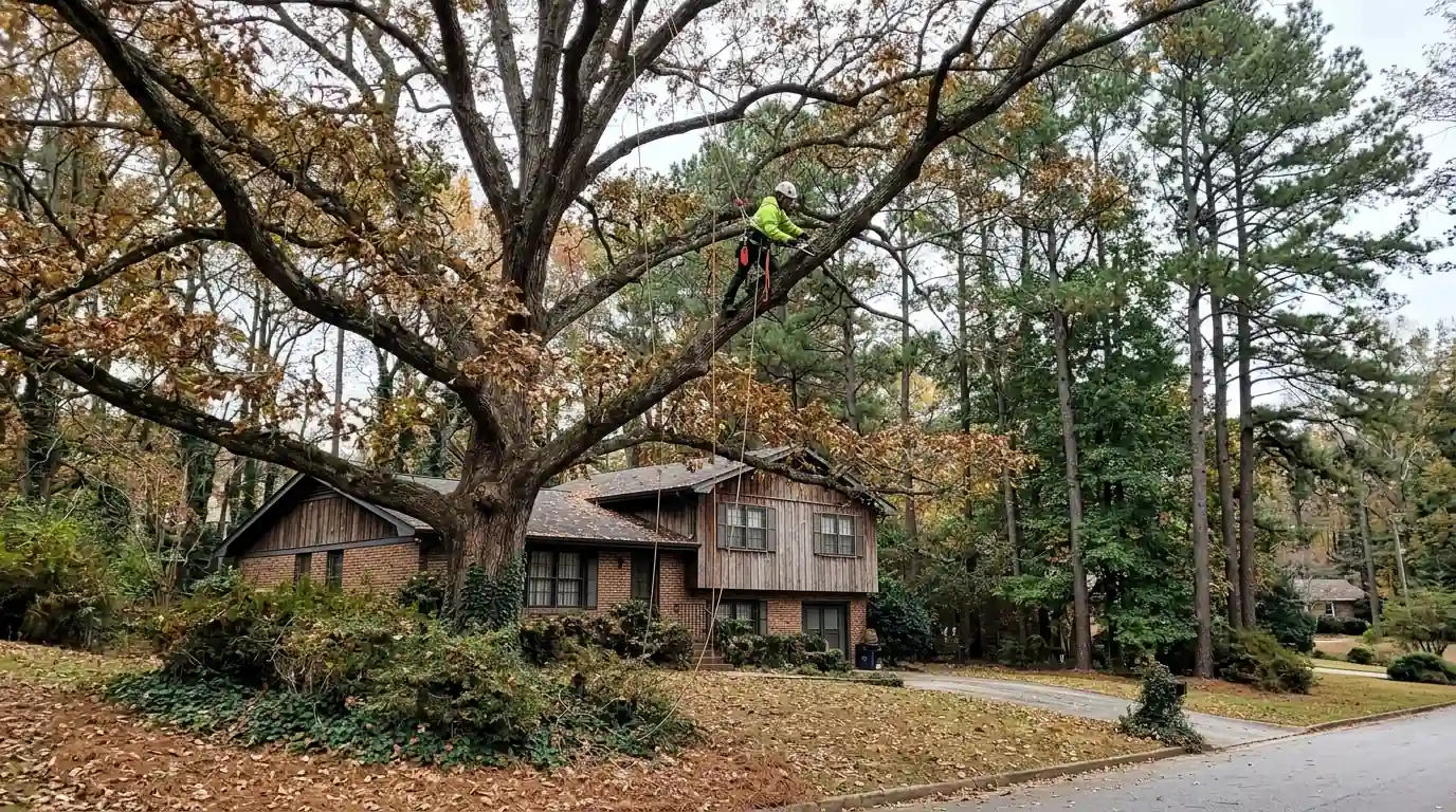 Arborist thinning a white oak over a brick split-level
