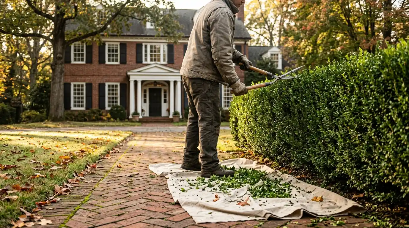 Hand shearing a boxwood hedge along a brick walk
