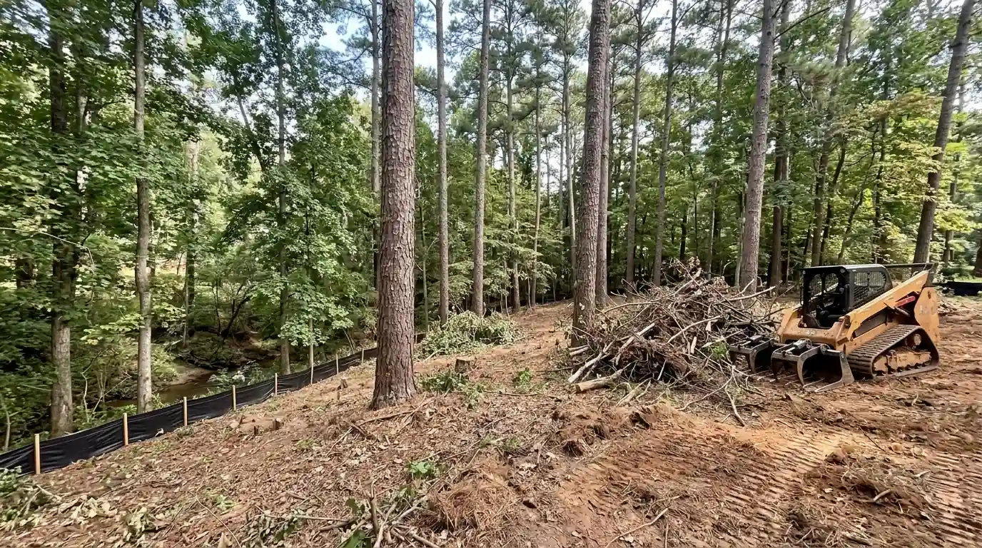 Selective clearing on a wooded lot with silt fence above a creek