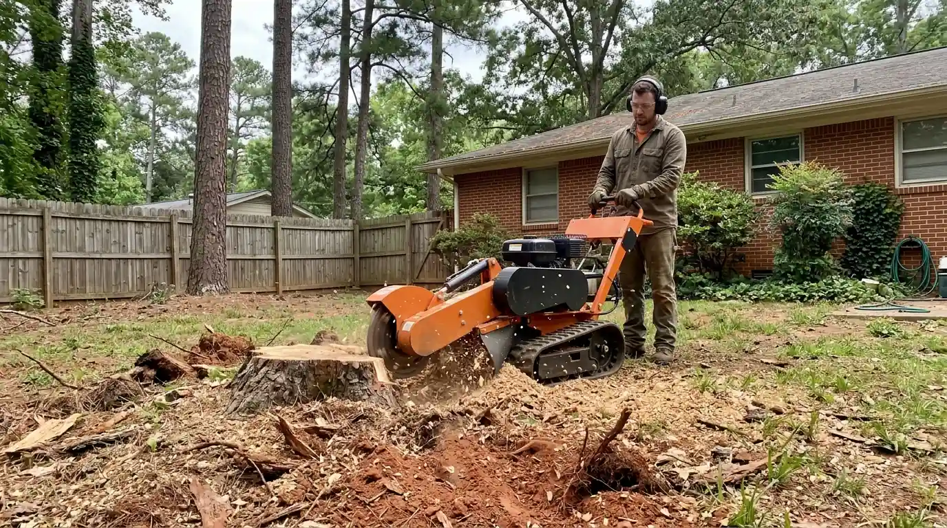 Compact grinder cutting a pine stump in a fenced backyard