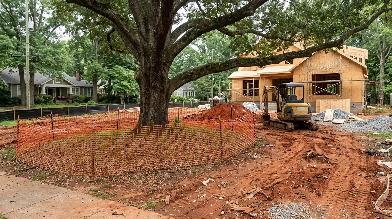Tree protection fencing around an oak on a building site