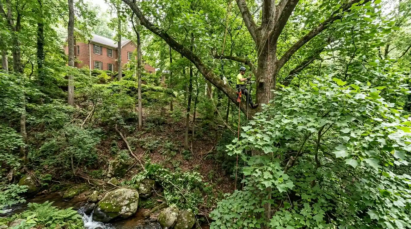 Arborist thinning a tall poplar on a steep Roswell slope