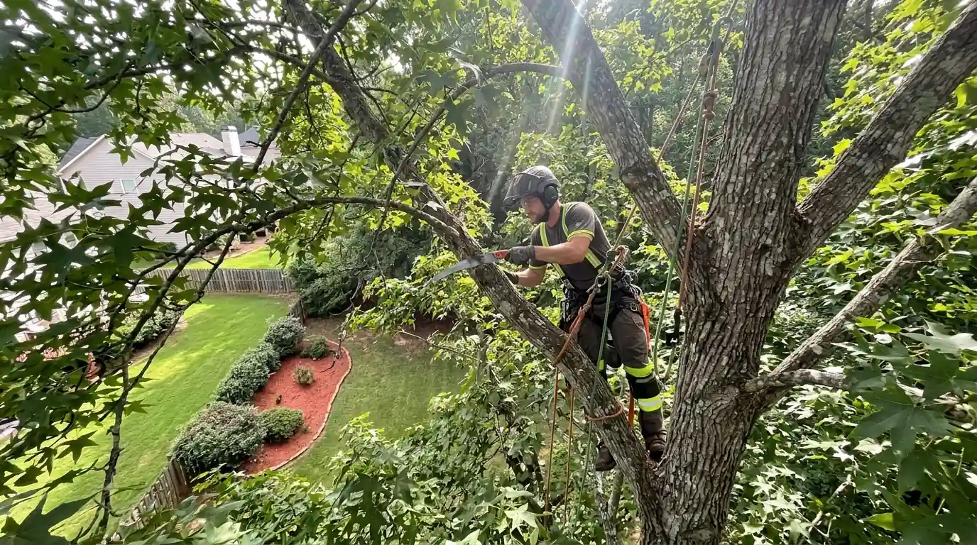 Climber removing a crossing branch inside a sweetgum crown