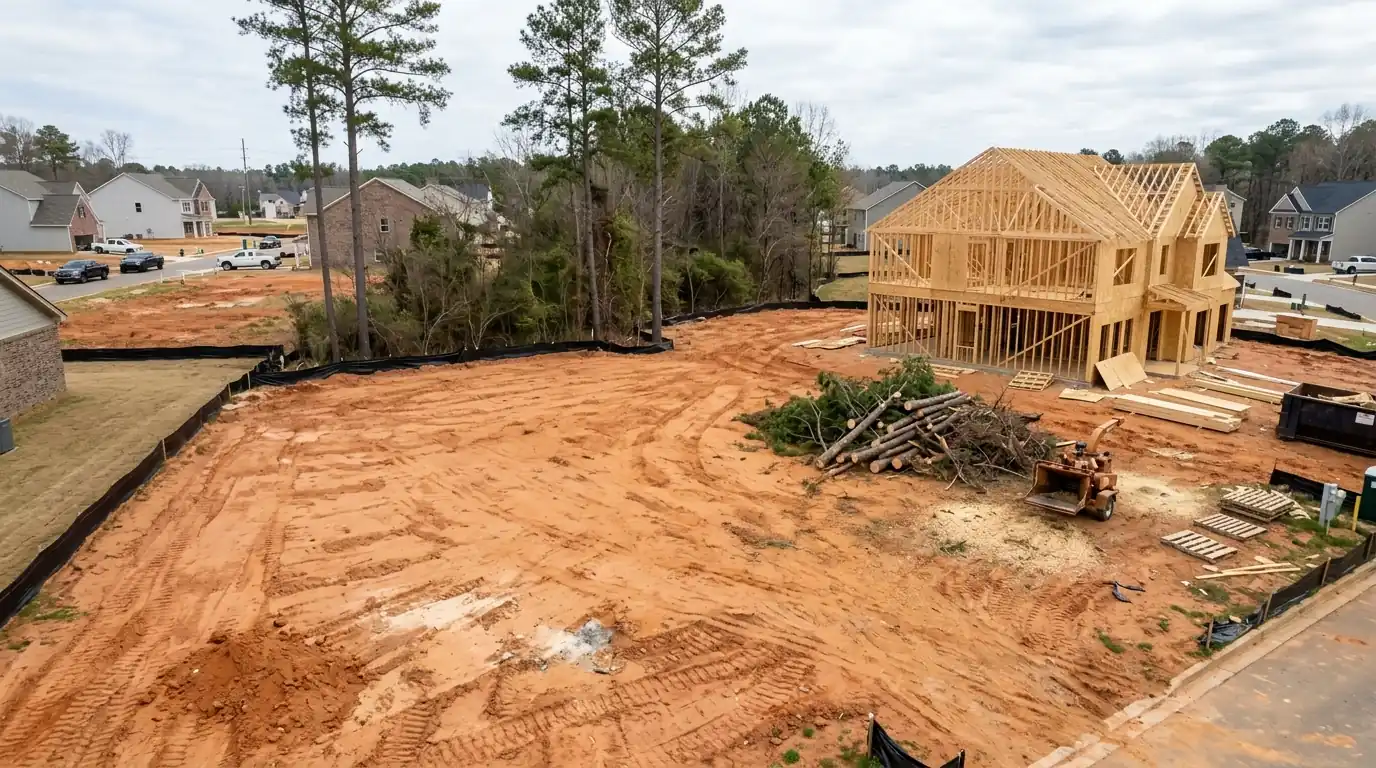 Cleared building lot with tall pines left at the edge