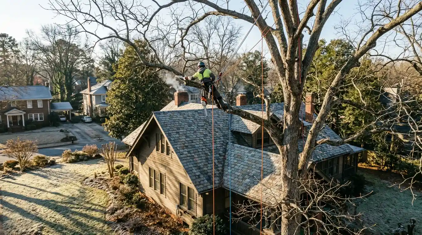 Climber pruning a bare white oak in winter