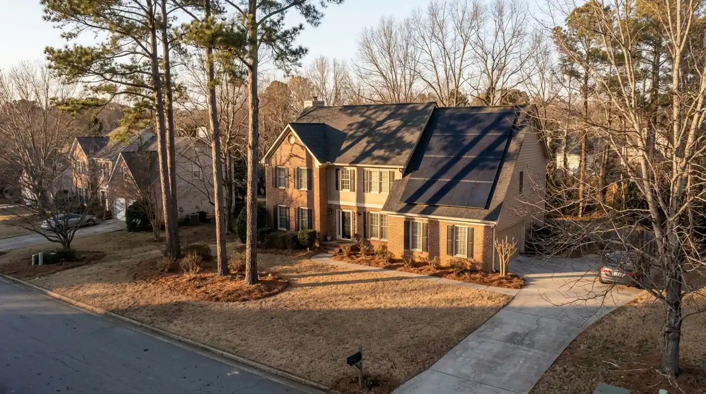 Pine shadows falling across a rooftop solar array in winter