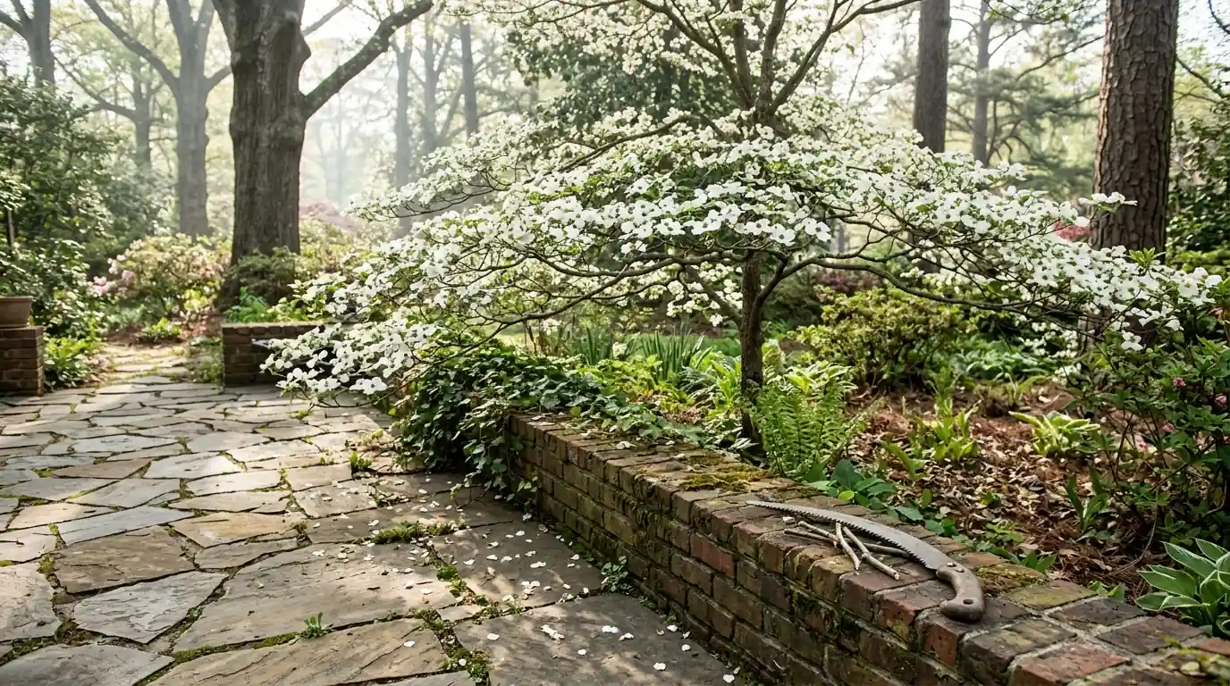 Naturally shaped flowering dogwood beside a flagstone patio