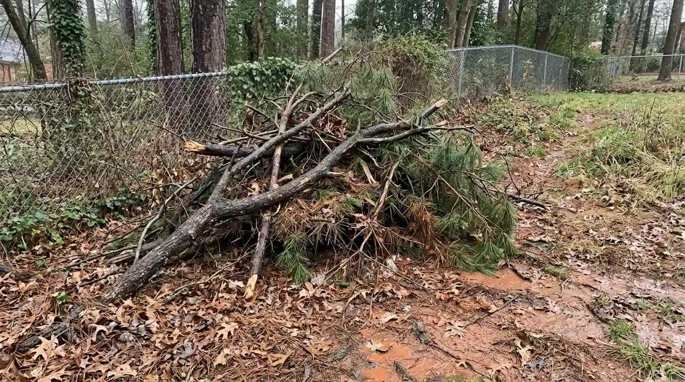 Large brush pile of oak and pine limbs beside a fence