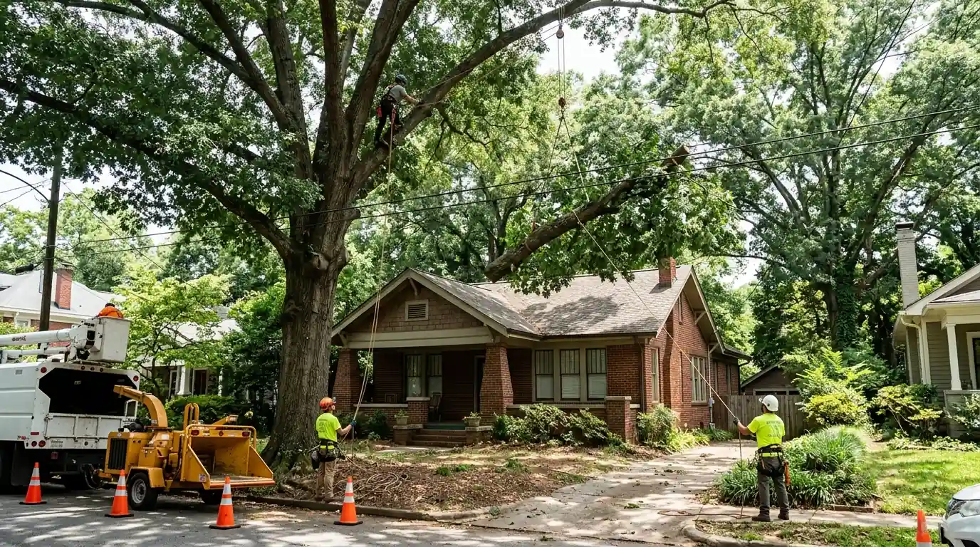 Tree crew lowering an oak limb over a house roof in Atlanta