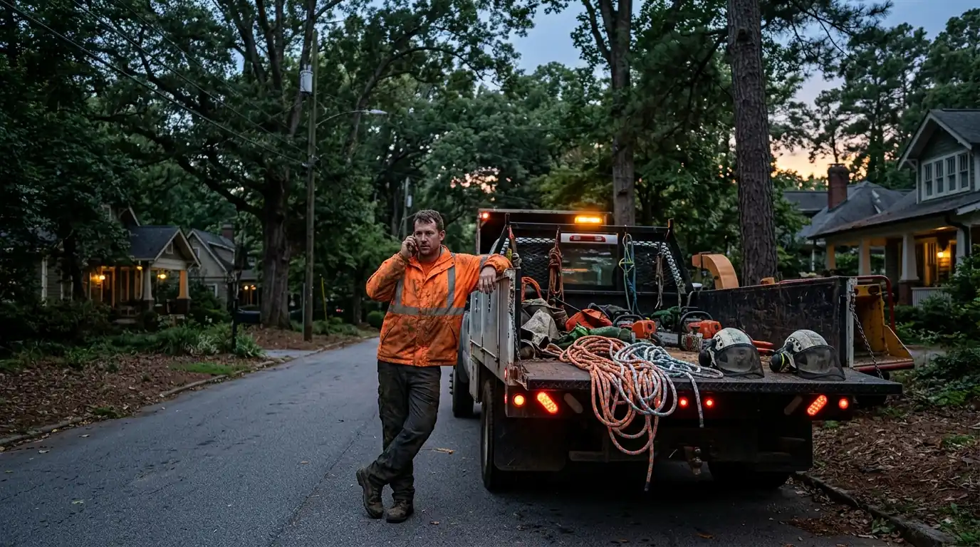 Crew member taking a call beside a tree service truck