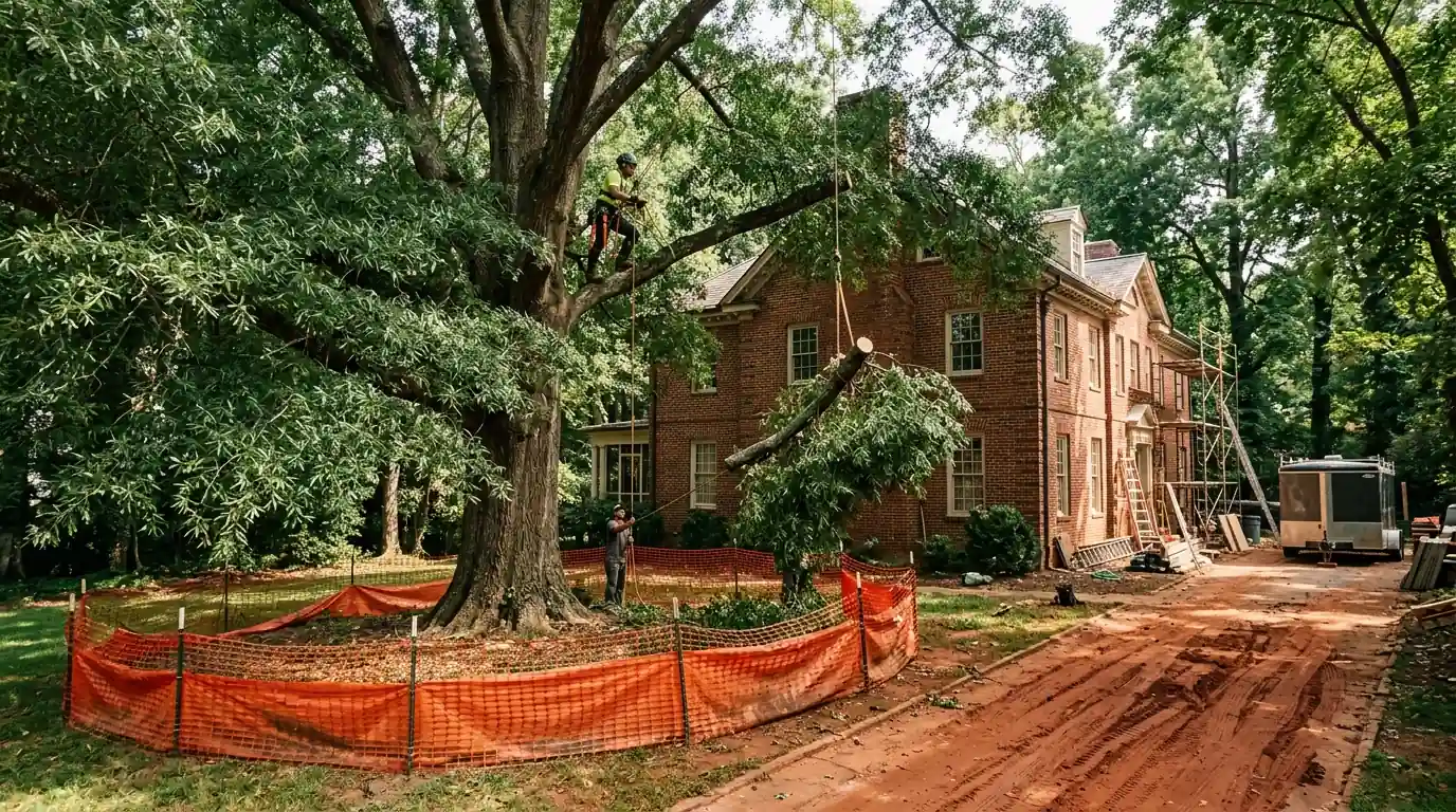 Climber lowering an oak limb beside a Buckhead house under renovation
