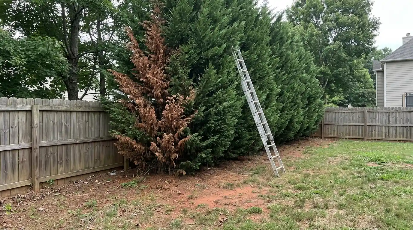 Leyland cypress screen with one browning section