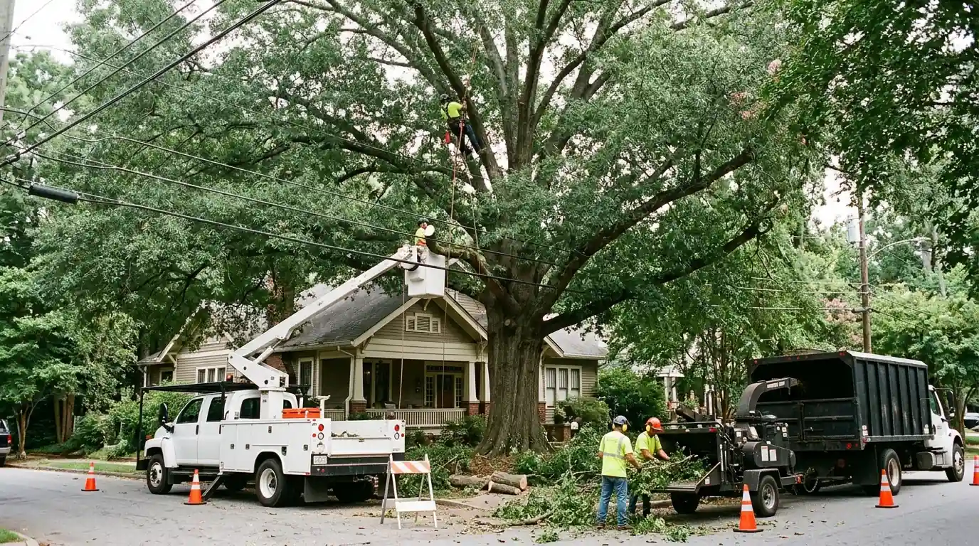 Tree crew working on a willow oak with a bucket truck and chipper