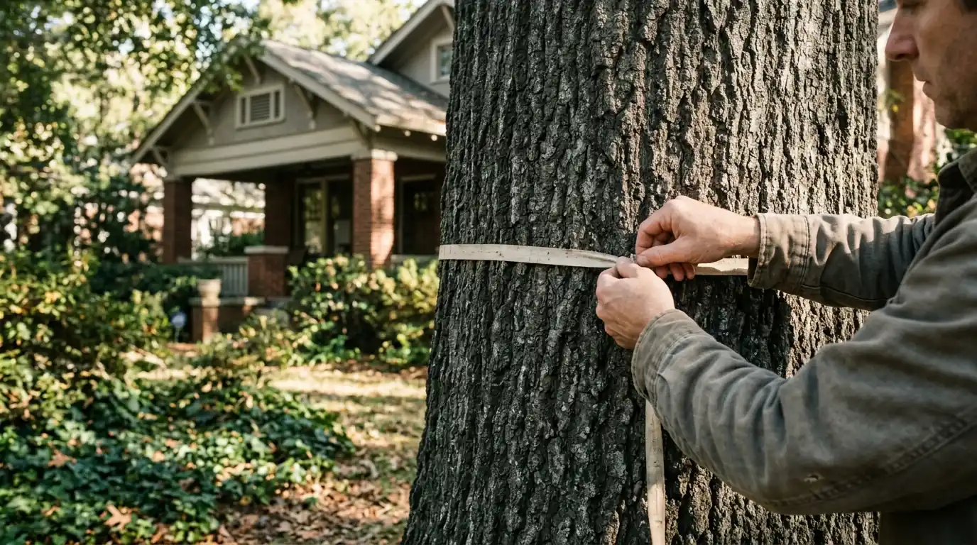 Tape measure wrapped around a willow oak trunk at chest height
