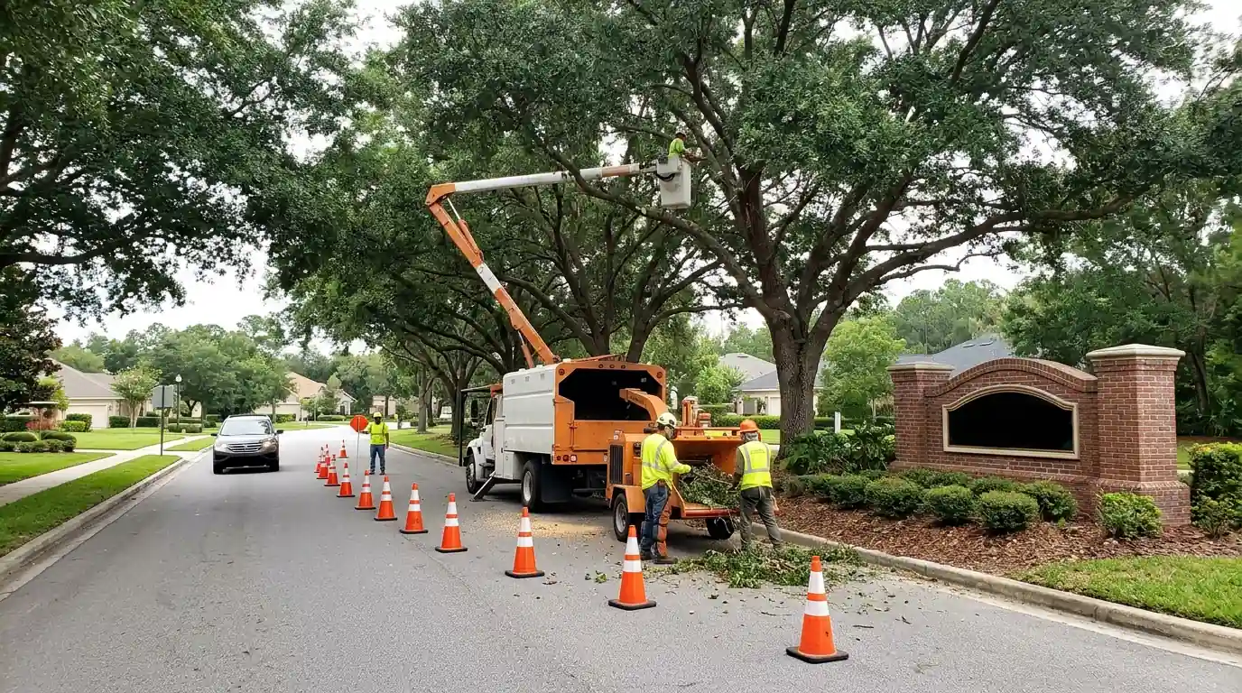 Crew trimming oaks along a subdivision entrance drive