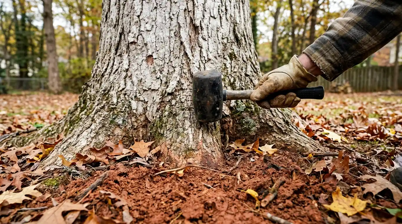 Mallet sounding the base of an oak trunk for decay