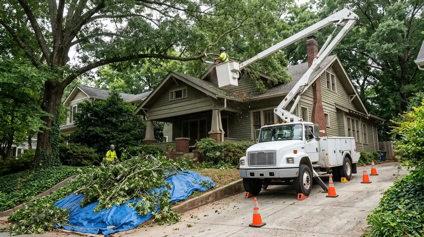 Arborist in a bucket truck trimming a willow oak over a bungalow