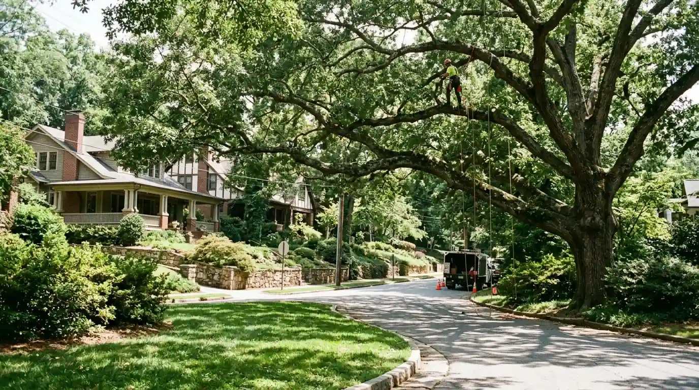 Arborist pruning a white oak over a curving Ansley Park street