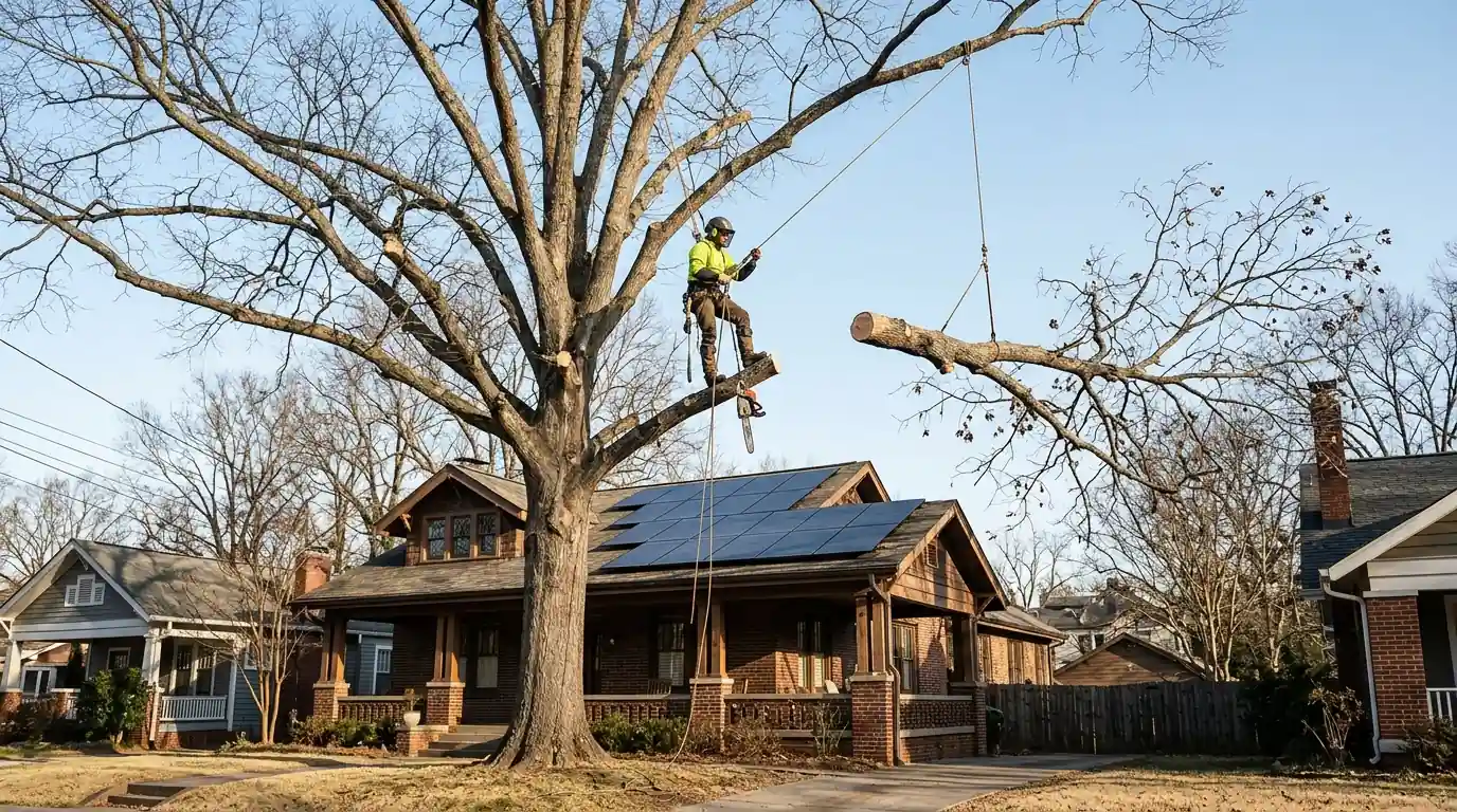 Climber cutting back an oak limb shading rooftop solar panels