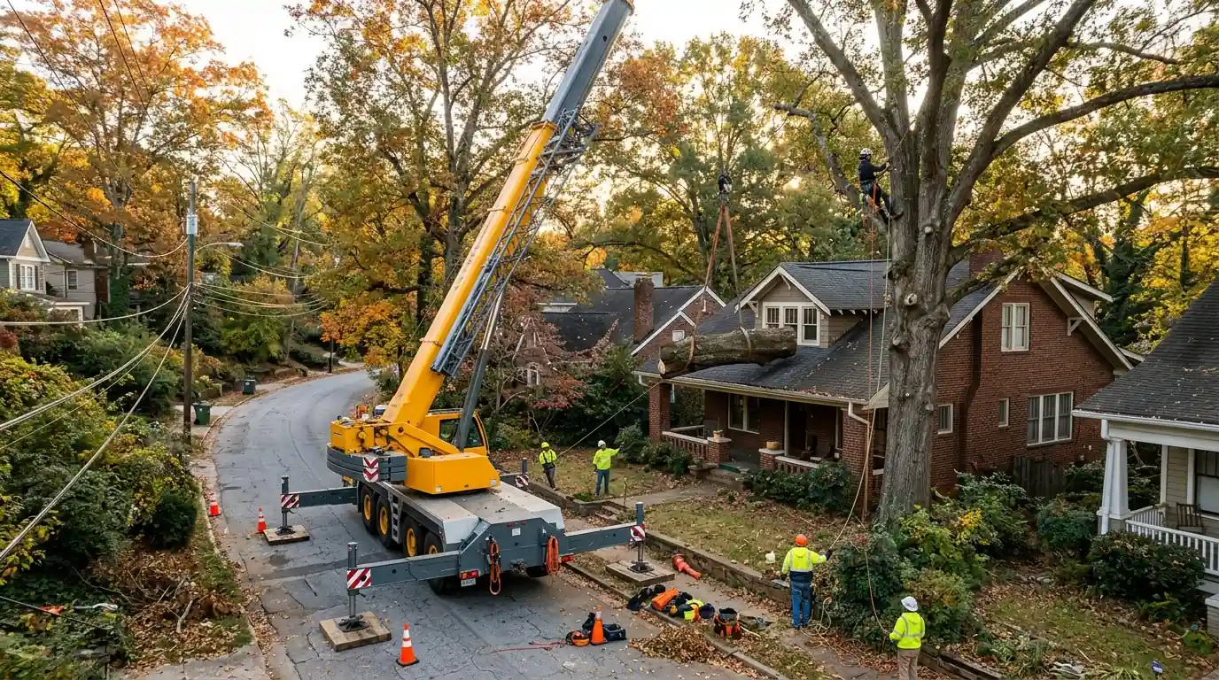 Crane lifting an oak trunk section over a 1920s brick home