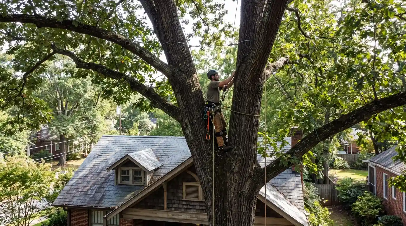 Climber installing a support cable in an oak above a bungalow