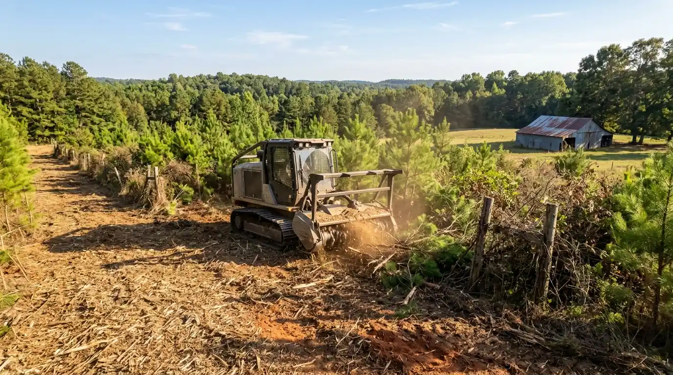 Clearing young pines and cedar along a rural Cherokee pasture