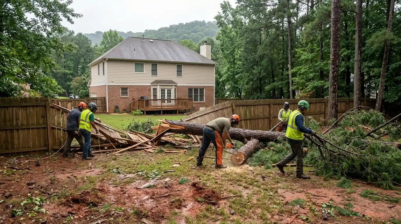 Crew clearing a storm-snapped pine from a Kennesaw backyard fence