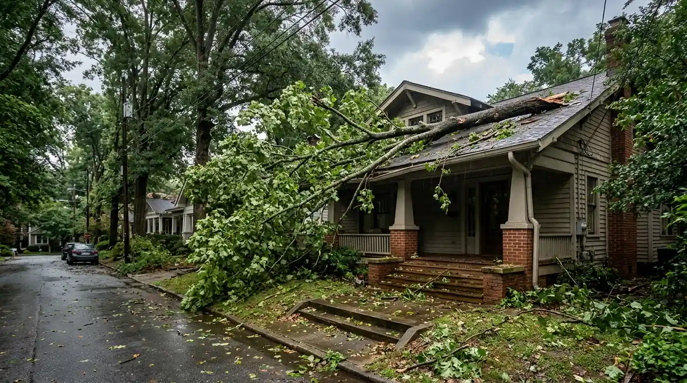 Broken poplar limb across a craftsman porch roof after a storm