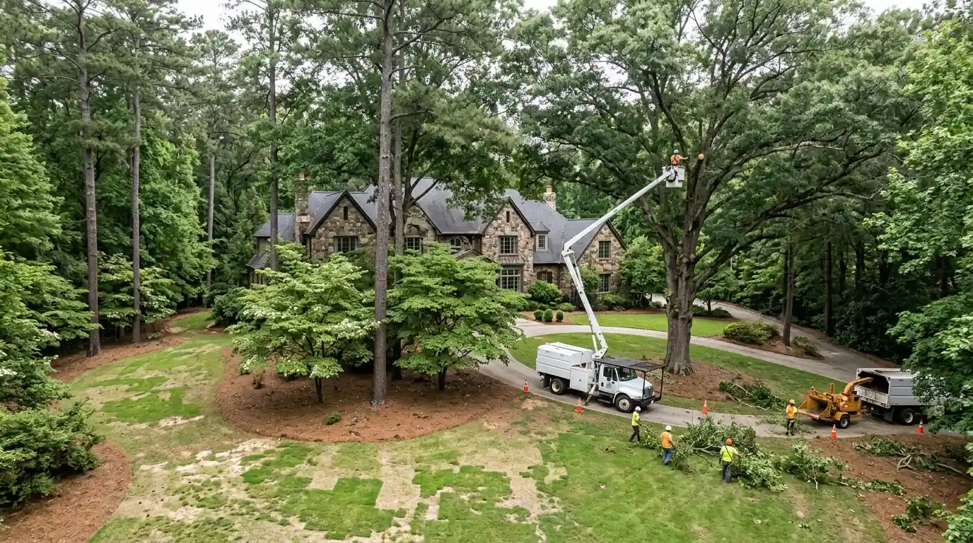 Crew pruning an oak on a wooded estate lot