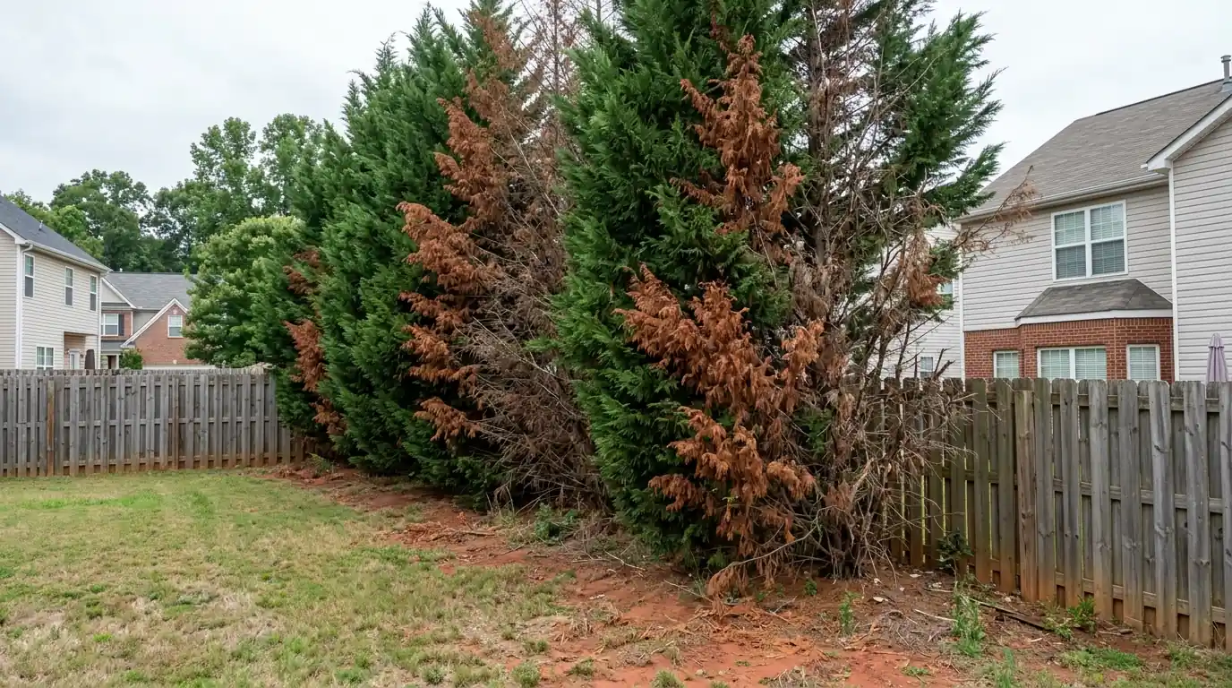 Leyland cypress privacy row with several browning trees