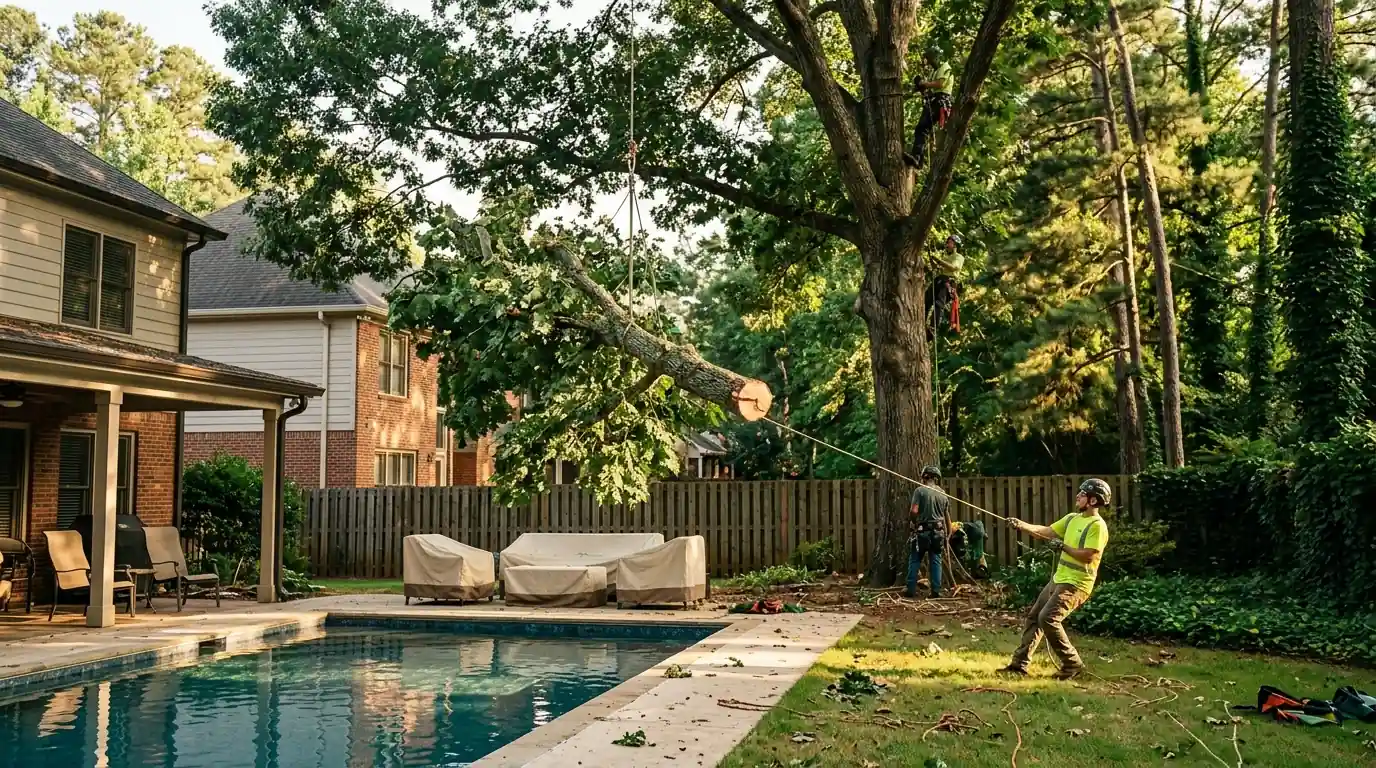 Oak limb section lowered on a rope over a pool