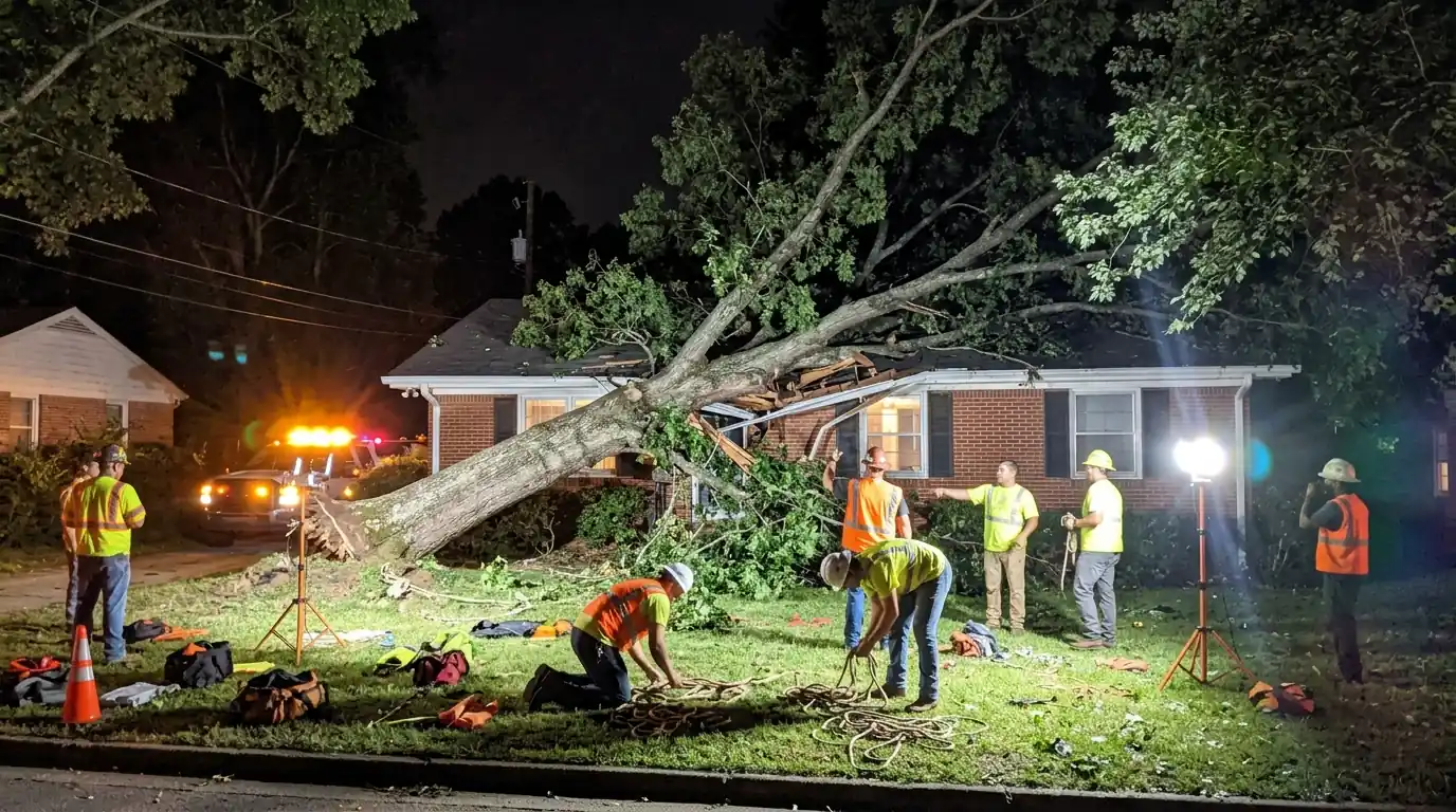Fallen oak resting on a brick ranch roof at night