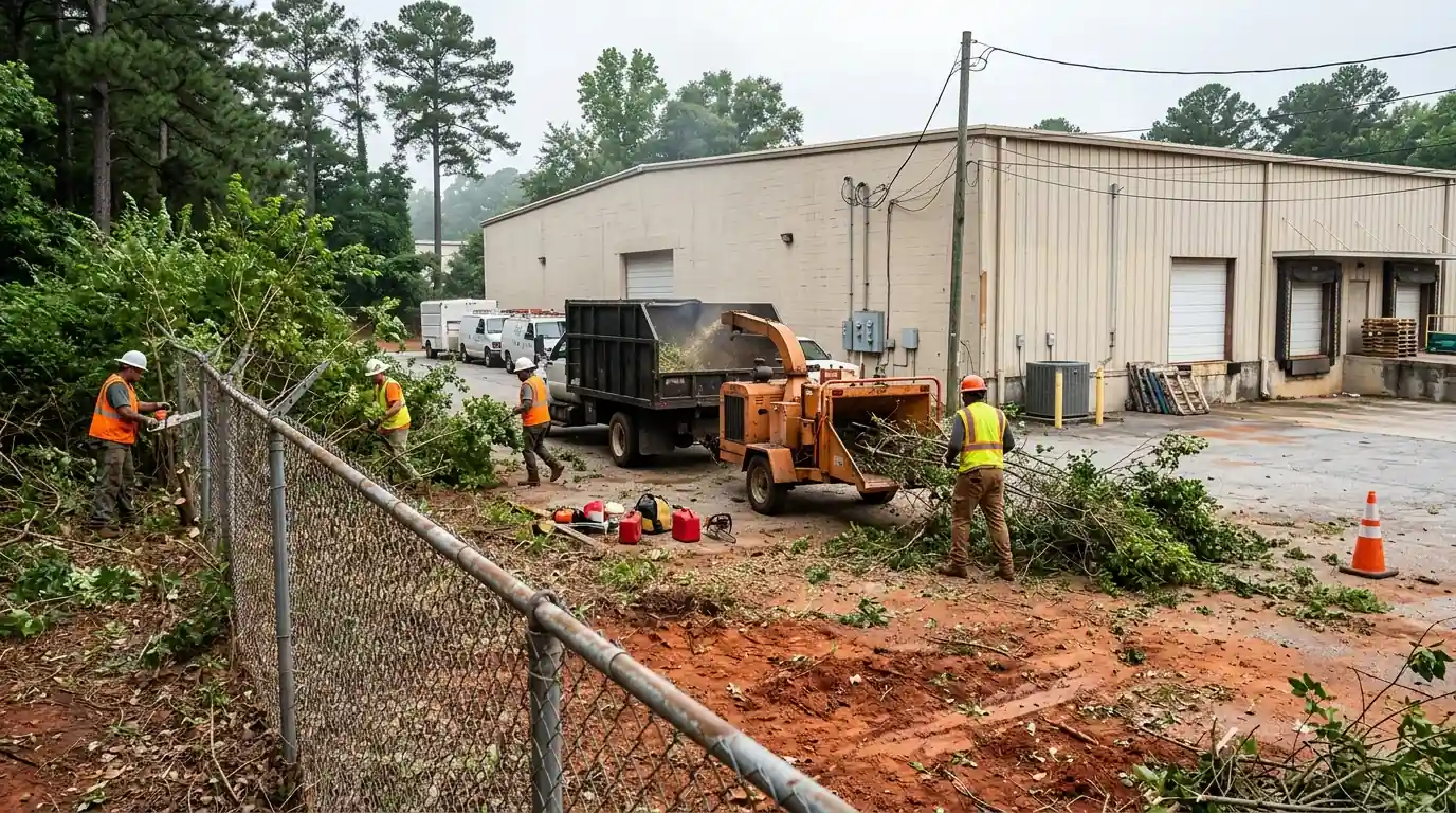 Crew clearing privet and saplings along a warehouse fence line