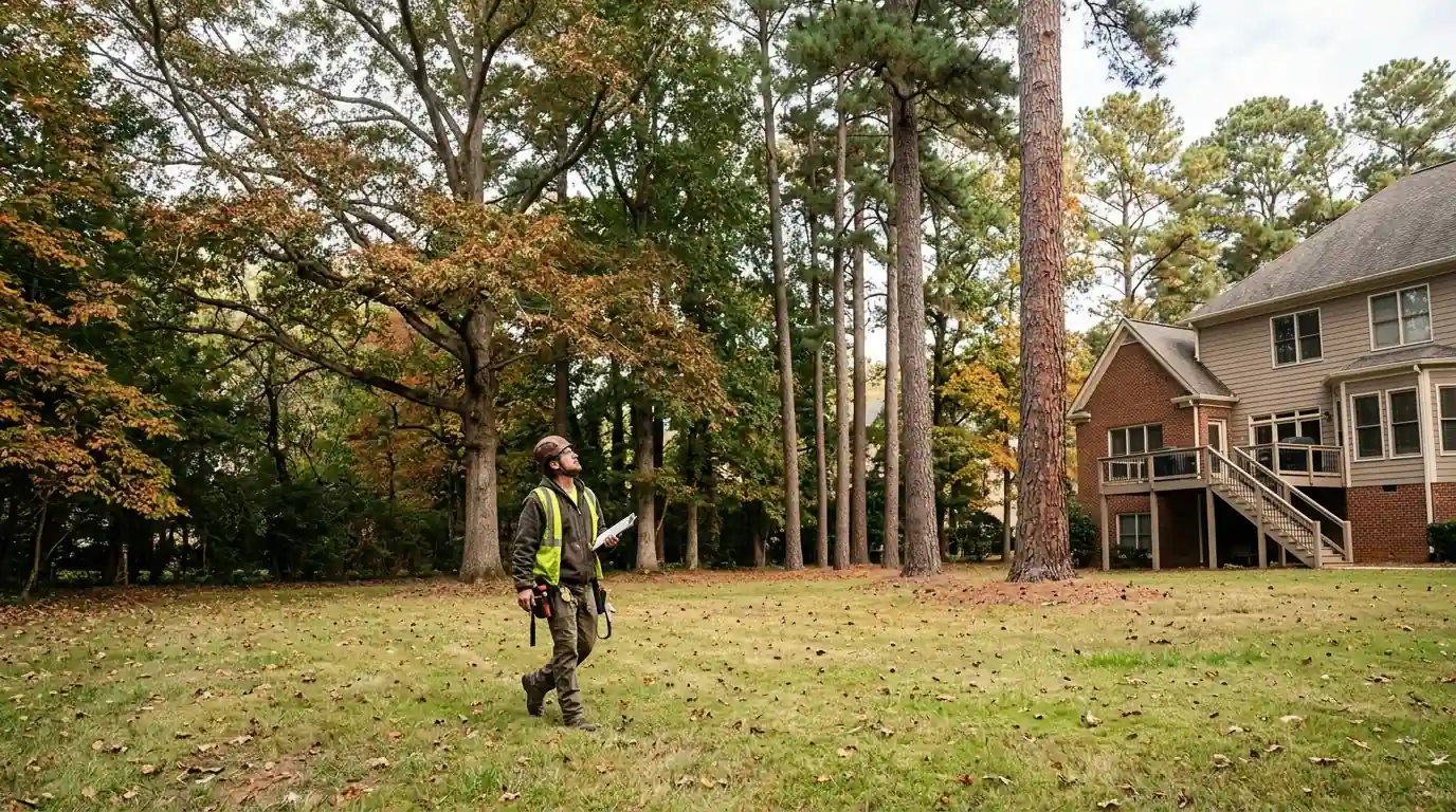 Arborist walking a yard lined with mature oaks and pines