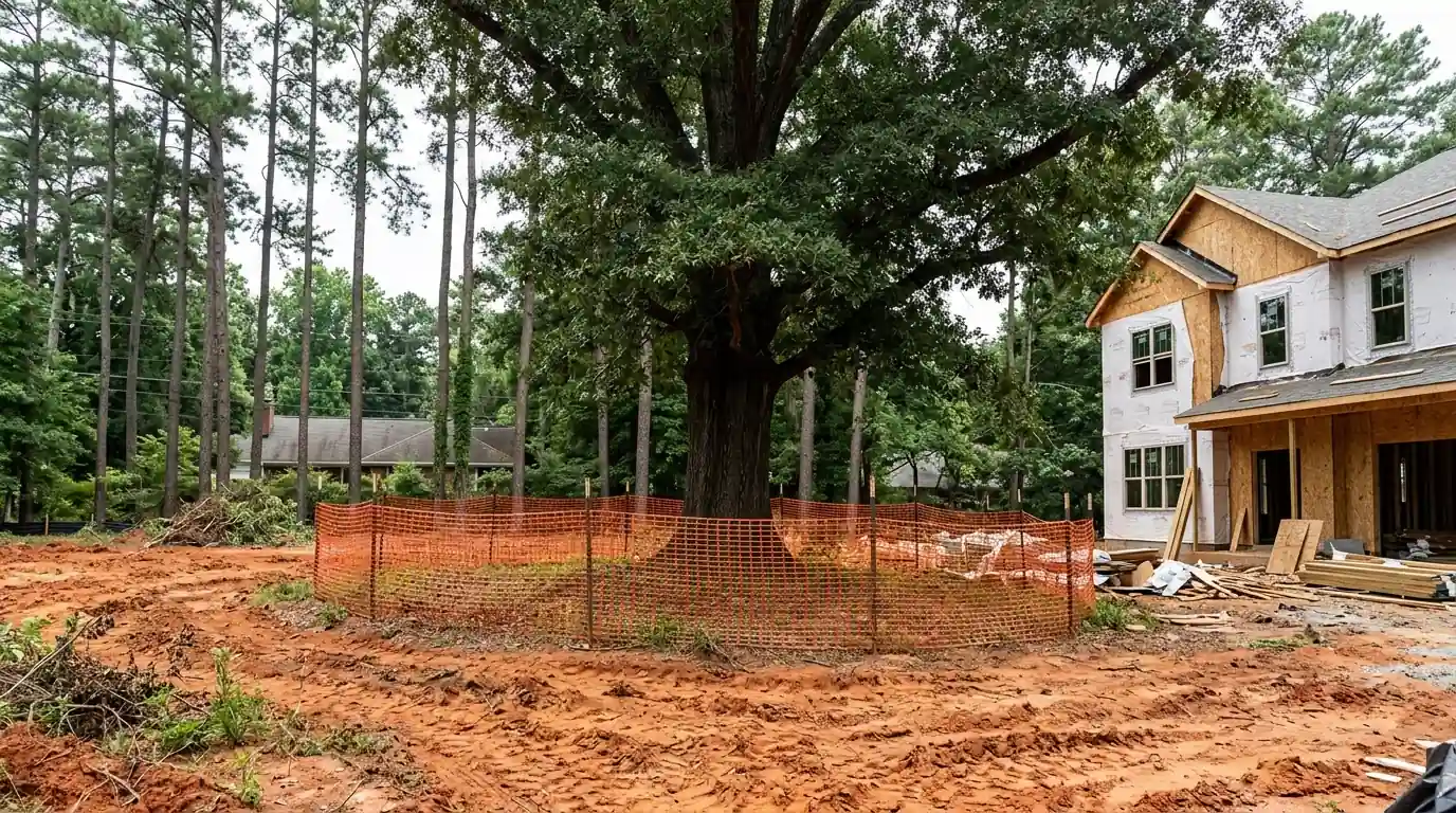 Protection fencing around an oak beside a new infill house