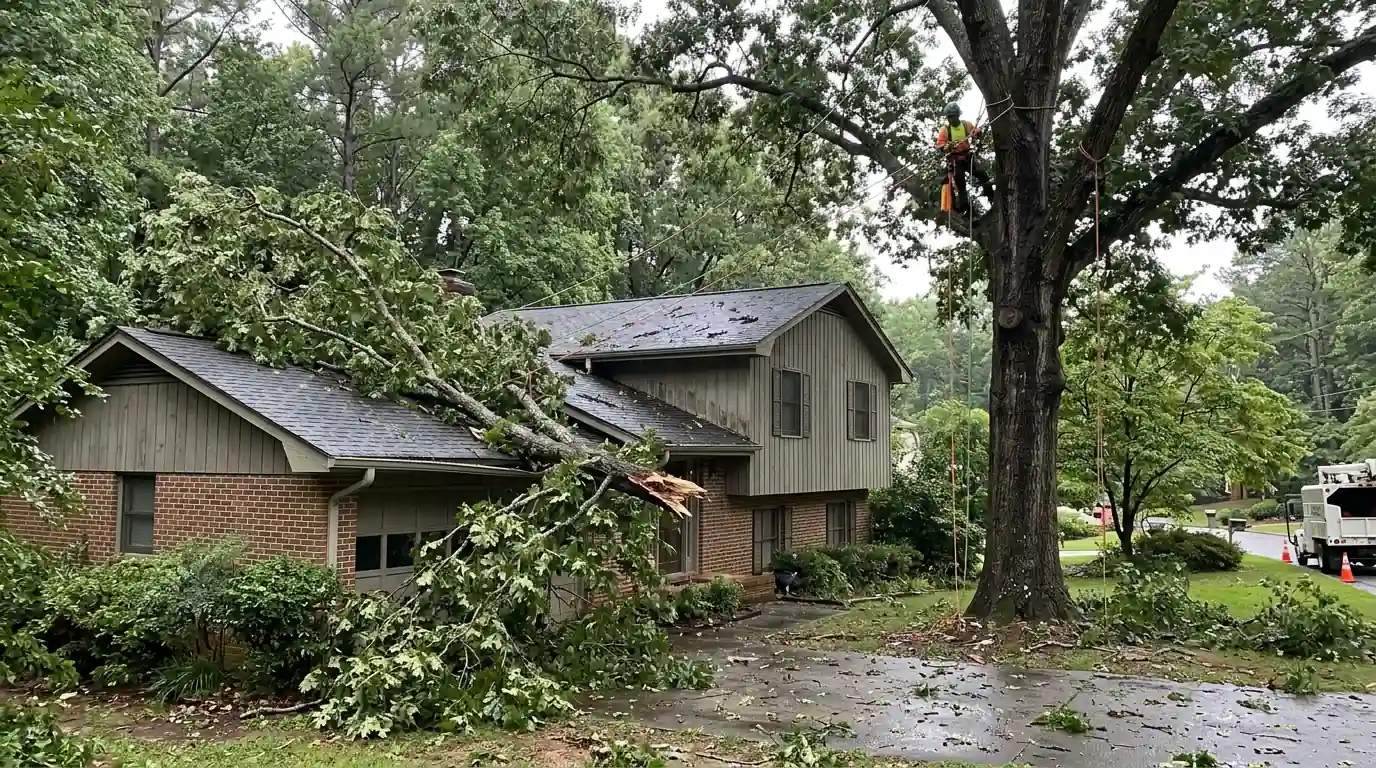 Storm-broken oak limb on the roof of a Lilburn split-level